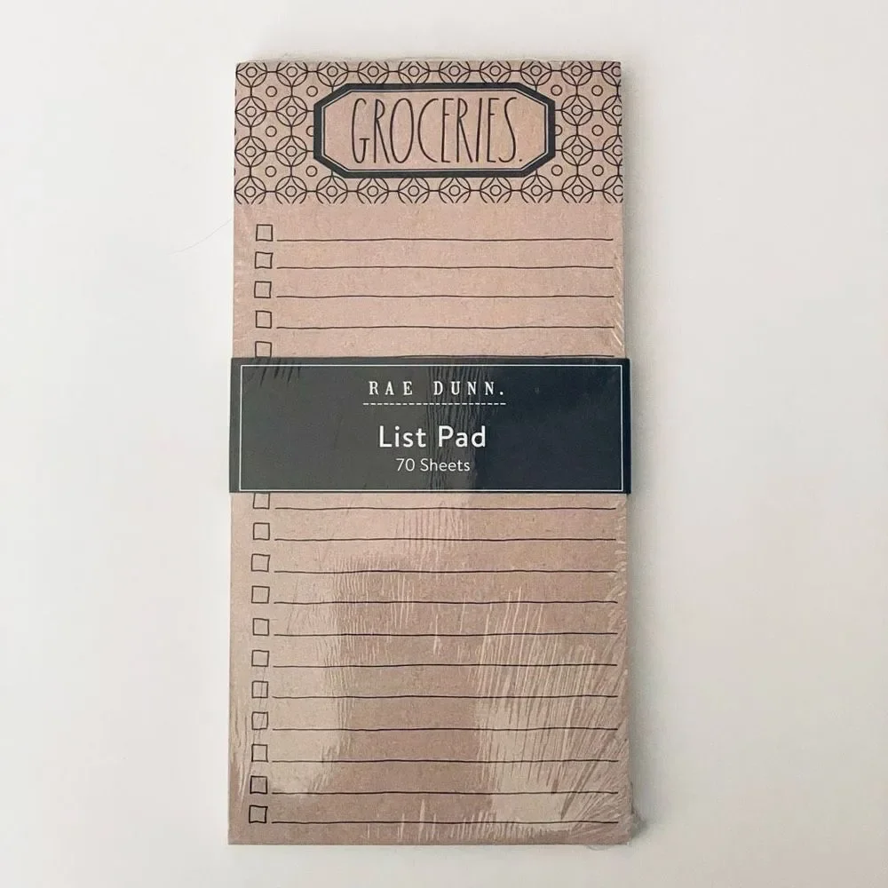 NWT Rae Dunn Tan GROCERIES Notepad with Printed ruled checklist spaces 70 Sheets